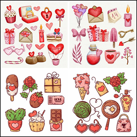 4套情人节水彩剪贴画第一素材网矢量插图精选