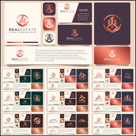 15套金色房地产名片卡片徽标标志套装第一素材网矢量模板精选