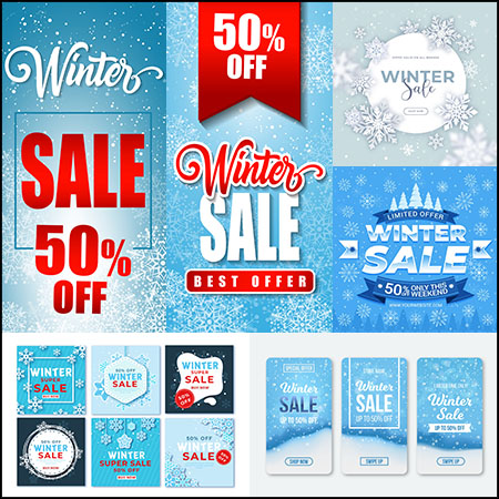 8套冬季雪花装饰促销打折横幅展板第一素材网矢量素材精选