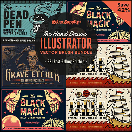 4套手绘插画AI笔刷第一素材网矢量素材精选包