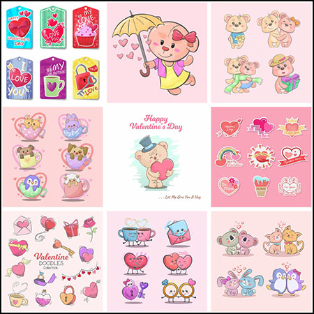 10套情人节可爱卡通熊动物情侣插图吊牌标签第一素材网矢量素材精选