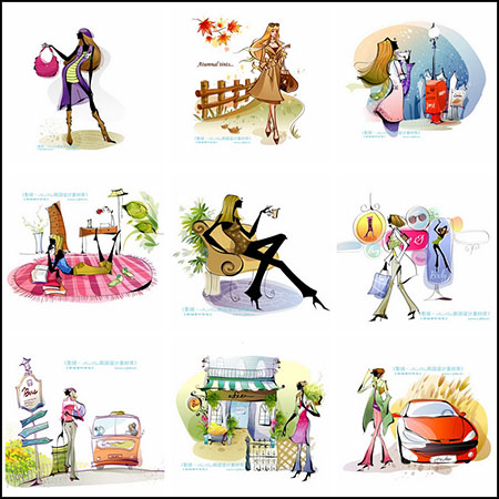 47款现代都市女性购物休闲娱乐卡通人物插图