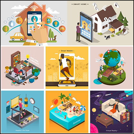 9款智能家居渡假休闲2.5D等距第一素材网矢量插图精选