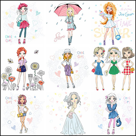 9款时尚装饰卡通女孩第一素材网矢量插图精选