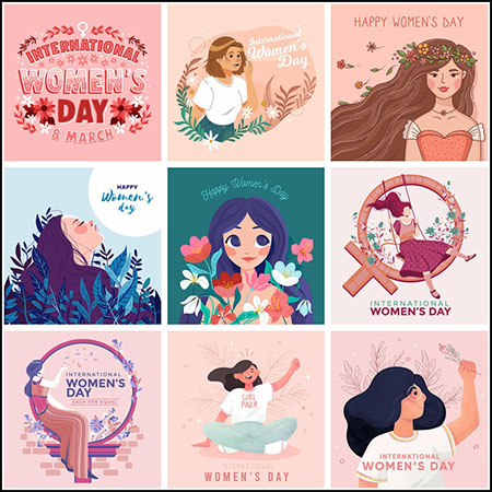11款38妇女节女神节快乐矢量卡通人物插图