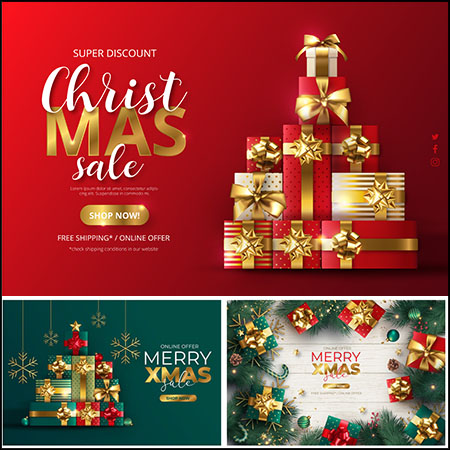 4款圣诞节礼物盒装饰促销打折横幅第一素材网矢量模板精选