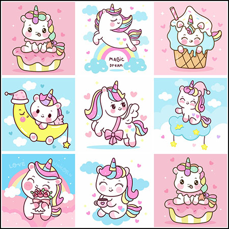 8款可爱卡通甜蜜彩虹马独角兽第一素材网矢量插图精选