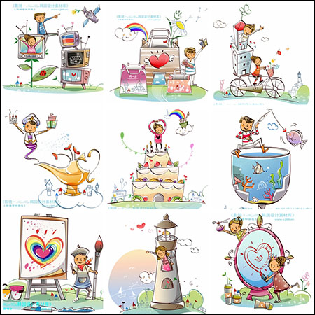 50款快乐玩耍的孩子卡通儿童矢量插画