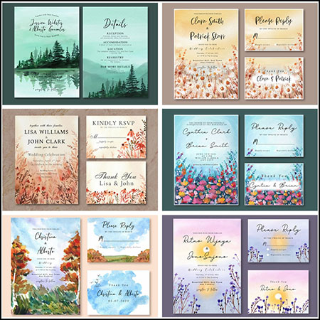 6款春季水彩风景背景邀请函名片卡片第一素材网矢量模板精选