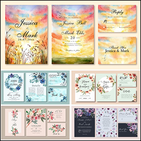 8套水彩花卉背景婚礼邀请函邀请卡第一素材网矢量模板精选