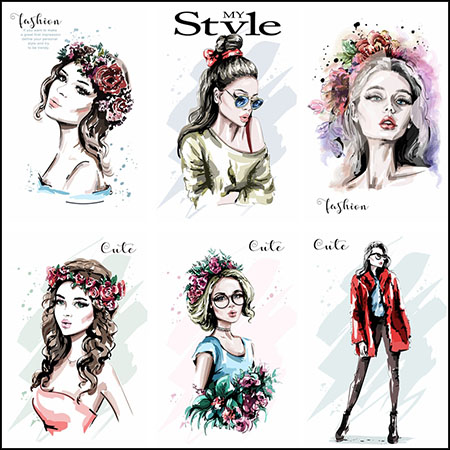 9款时尚手绘年轻女孩第一素材网矢量插图精选