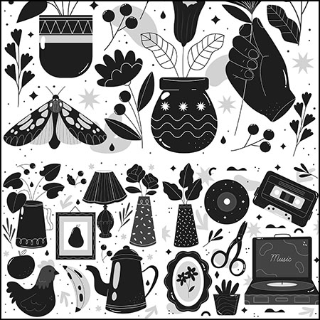 4套花卉和家用装饰品黑色插图第一素材网矢量素材精选