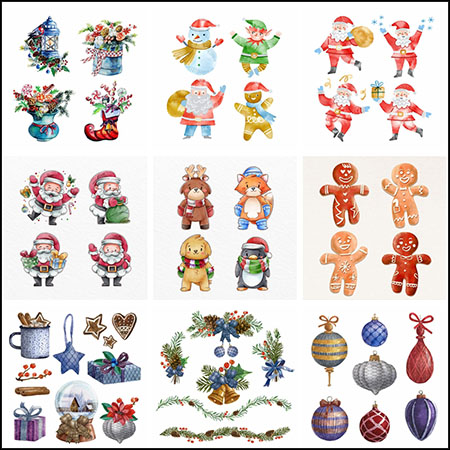 12套圣诞节水彩圣诞老人卡通人物装饰素材第一素材网矢量模板精选