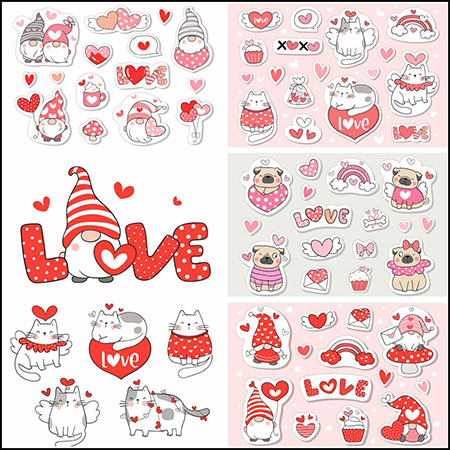 7套卡通猫狗和可爱小矮人情人节甜蜜剪贴画第一素材网矢量素材精选