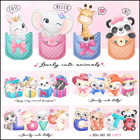 9款可爱水彩卡通动物爱情生日派对海报第一素材网矢量插图精选