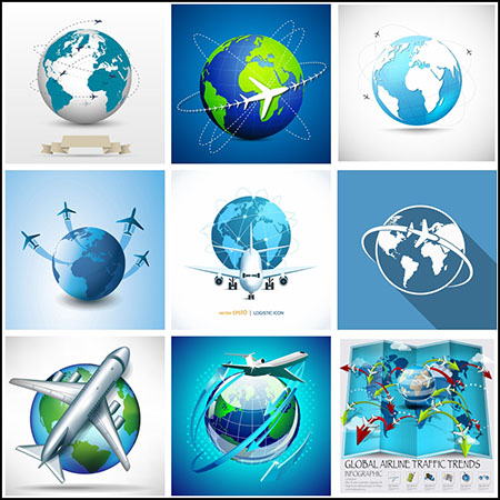 24款世界旅游旅行飞机地球第一素材网矢量插图精选