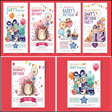 4款儿童生日派卡通风格贺卡海报第一素材网矢量模板精选