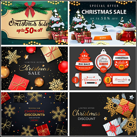 9款带有礼物和雪花圣诞节打折促销横幅第一素材网矢量模板精选