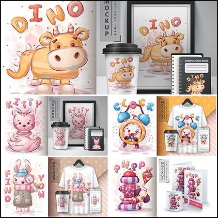 5款可爱卡通动物T恤印染图案第一素材网矢量插图精选