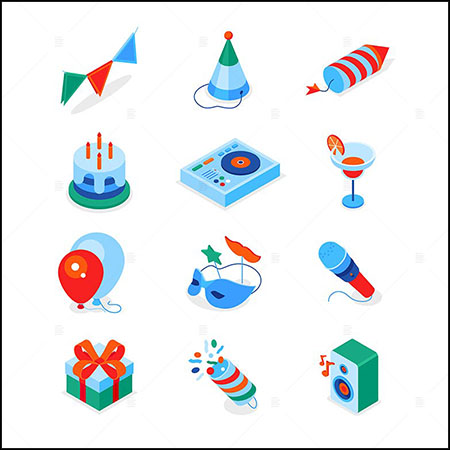 12个生日派对现代彩色等距第一素材网矢量图标精选