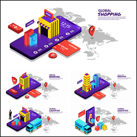 7套互联网购物支付交易2.5D等距第一素材网矢量插图精选