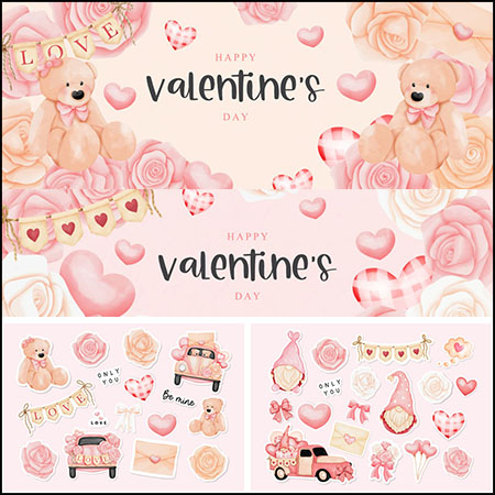 7套情人节粉色水彩剪贴画第一素材网矢量插图精选