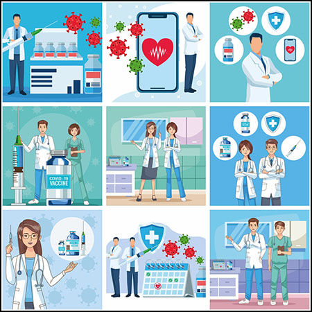 10款医生角色新冠病毒疫苗接种宣传插图场景第一素材网矢量素材精选