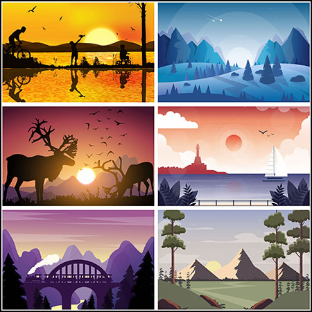 23款森林海滩湖泊夕阳户外自然风景场景剪影第一素材网矢量插图精选