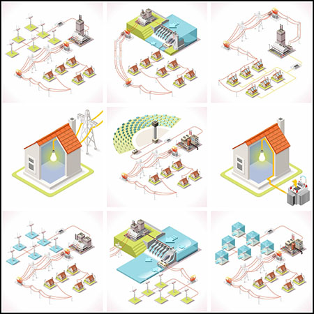 9款新能源太阳能发电水电站2.5D等距插图第一素材网矢量素材精选