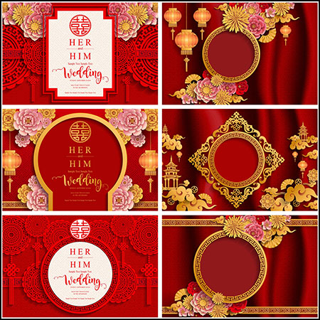 8款中国婚礼婚庆红色喜庆背景双喜贺卡第一素材网矢量素材精选