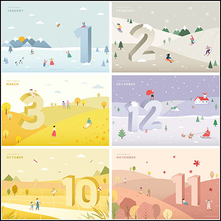 1-12月月历主题插画第一素材网矢量素材精选