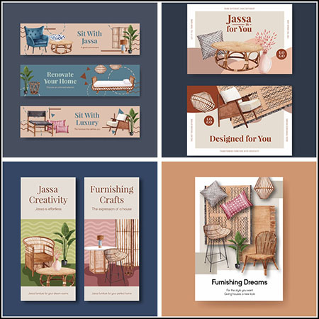4套水彩家具广告海报横幅小册子第一素材网矢量模板精选
