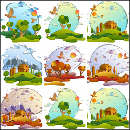 7款春季秋季季节折纸景观剪贴画第一素材网矢量插图精选