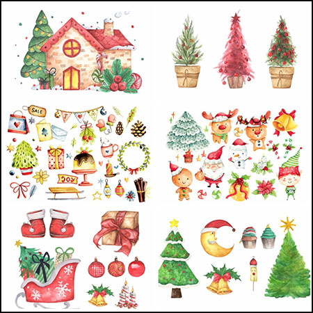 15套圣诞树麋鹿铃铛等圣诞节元素水彩插图