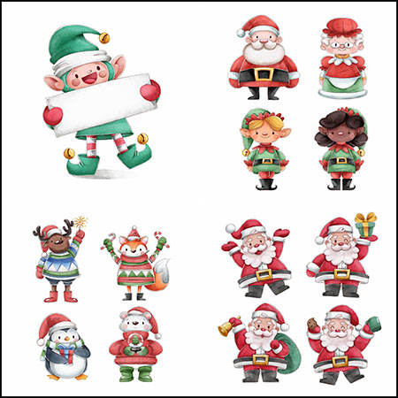 圣诞老人和他的朋友水彩插图第一素材网矢量素材精选