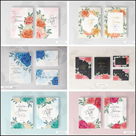 7款手绘水彩花卉婚礼邀请函请柬第一素材网矢量模板精选