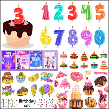 12套生日派对数字蜡烛生日蛋糕插图海报第一素材网矢量素材精选