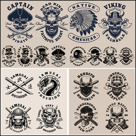 6套骷髅和武士纹身T恤印染图案第一素材网矢量素材精选