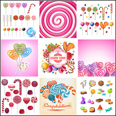 18款糖果套装漩涡焦糖，棉花糖，棒棒糖第一素材网矢量插图精选