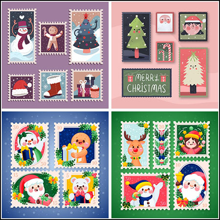 7套圣诞节明信片邮票平面插图第一素材网矢量素材精选