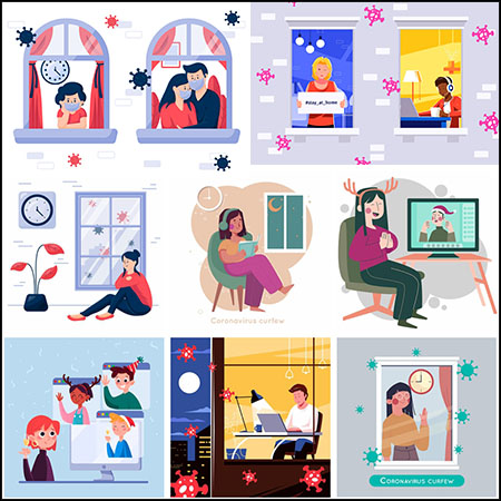 8款疫情期间居家隔离居家办公第一素材网矢量插图精选