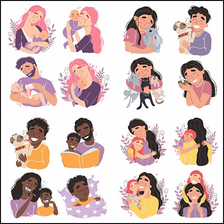 4套亲子交流父母拥抱孩子和动物第一素材网矢量插图精选