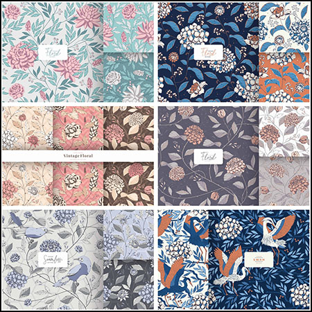 7款复古中国风鸟和花卉绘画图案背景第一素材网矢量素材精选