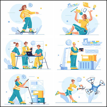 购物玩耍的男孩和女孩平面插图第一素材网矢量素材精选