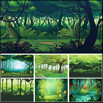 卡通森林风景插画森林树林季节景观装饰插画海报第一素材网矢量背景精选