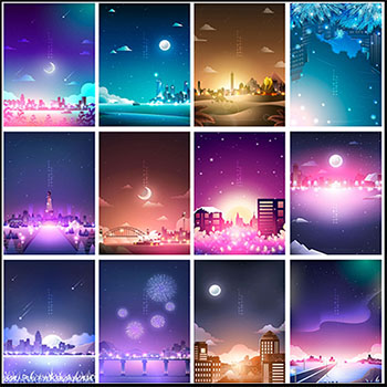 唯美城市夜景剪影星空湖水海岸月亮灯光烟花插画AI第一素材网矢量素材精选