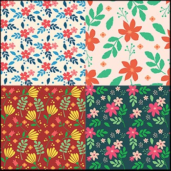 4款卡通花卉小花树叶矢量无缝背景