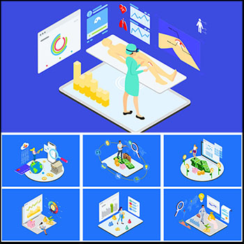 医院医疗和金融数据2.5D等距第一素材网矢量插图精选