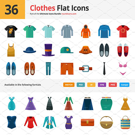 36个衣服鞋子帽子等扁平化AI/PNG/SVG第一素材网矢量图标精选