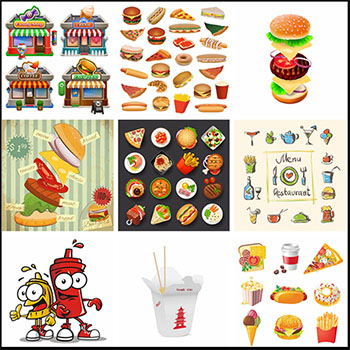 汉堡 薯条 甜甜圈 面包 热狗 披萨等快餐美食第一素材网矢量插图精选